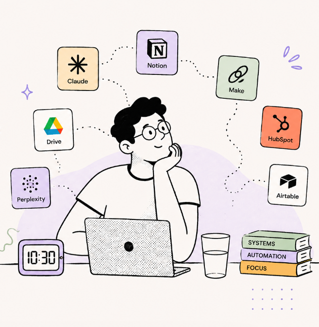 Illustration of a consultant choosing tools for an AI and automation stack