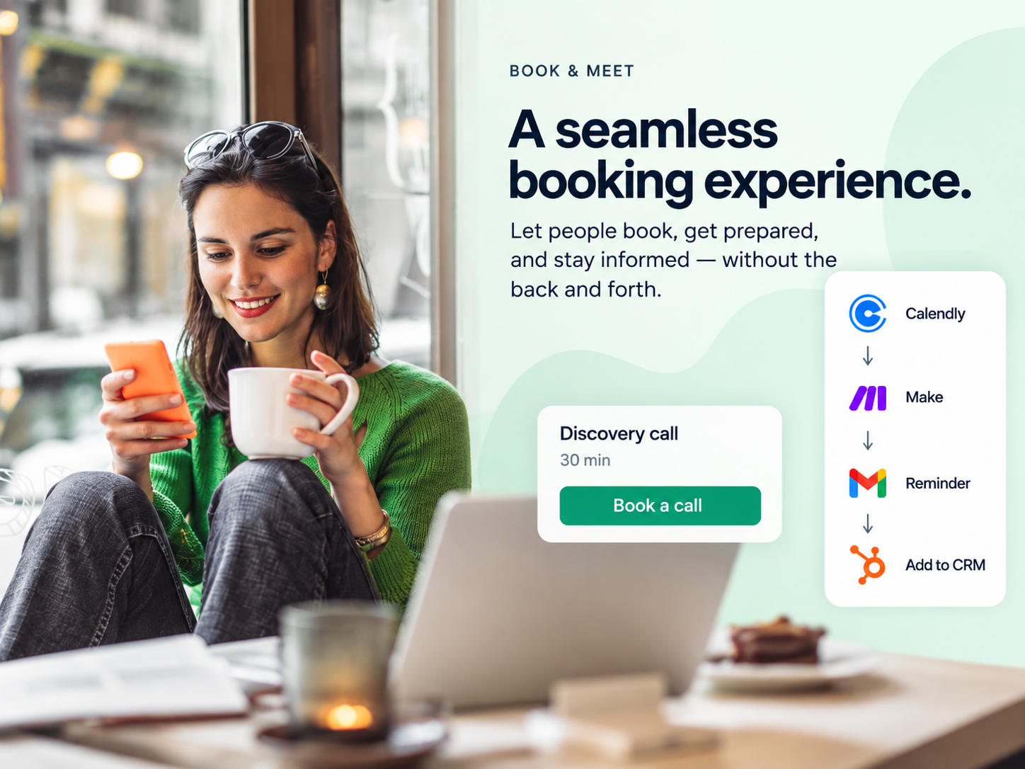 Booking workflow connecting Calendly, Make, Gmail and a CRM