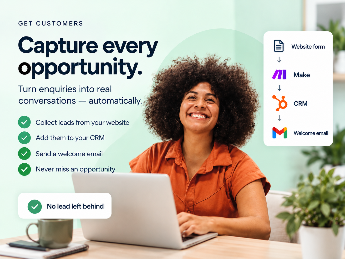 Lead capture workflow with form, Make, CRM and welcome email