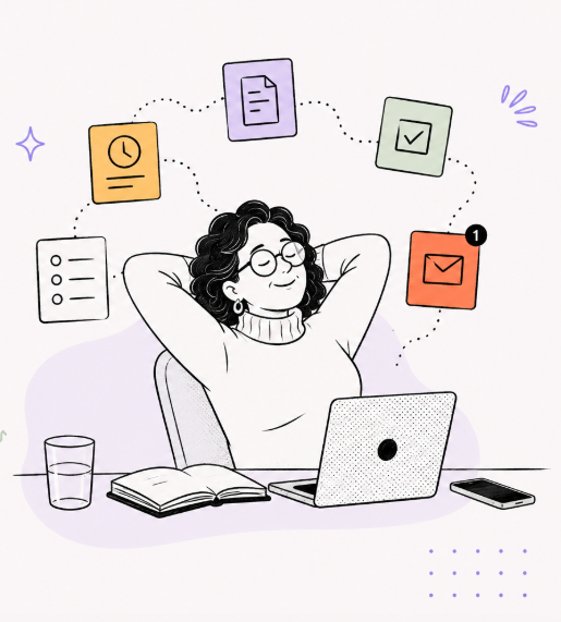 Illustration of a relaxed business owner beside an organized workflow