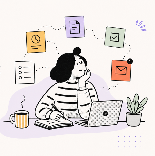 Illustration of a founder surrounded by workflow tasks and notifications