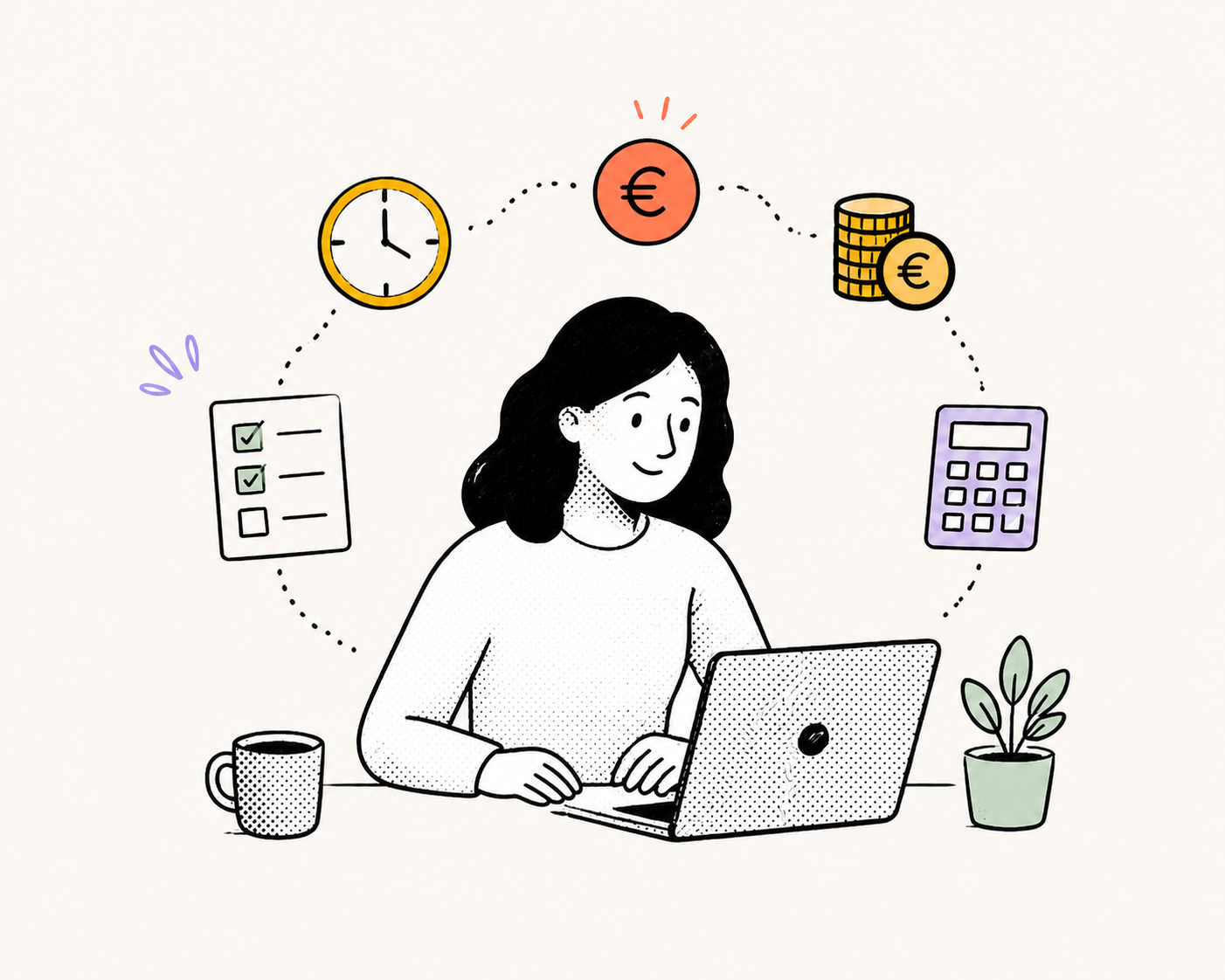 A founder reviewing workflow costs beside time, checklist and calculator symbols